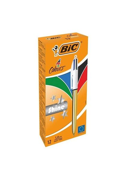 Bic BIC 4 Colours Shine Ballpoint Pens Medium Point (1.0 mm) - Metallic Gold Barrel, Box of 12