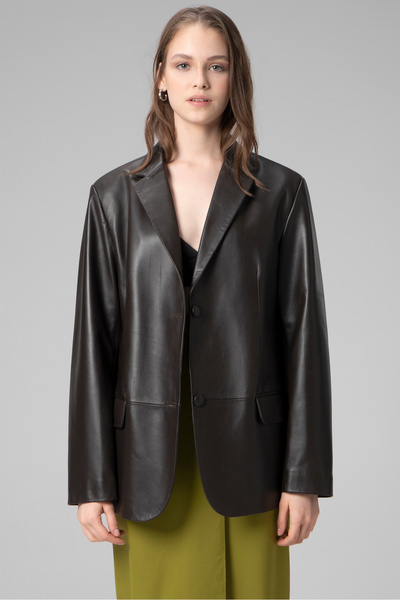 Dericlub Bloom Women - Oversize Brown Genuine Leather Blazer Jacket Buttoned