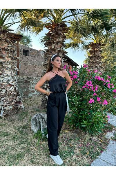 Zerrincan Giyim Siyah Kargo Cepli Saten Detaylı Tulum