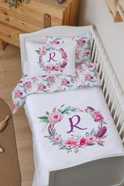 Tuğba Kuğu Park Bed Crib Duvet Cover Set (80x120) - Letter Series - Pink Floral - Letter R