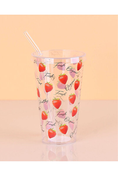 Marsilyan Patterned Plastic Glass with Straw 16 Cm 1 Piece Royaleks-ENF-040