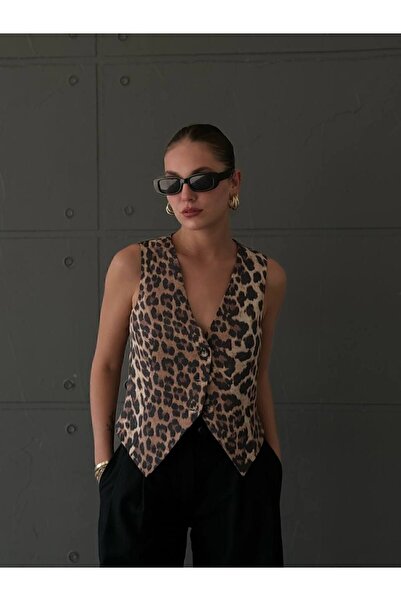 khar Women's Brown V-Neck Leopard Print Vest