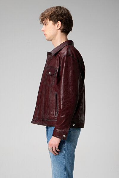 Dericlub Men's Jumbo Sports Jacket - Genuine Leather, Claret Red