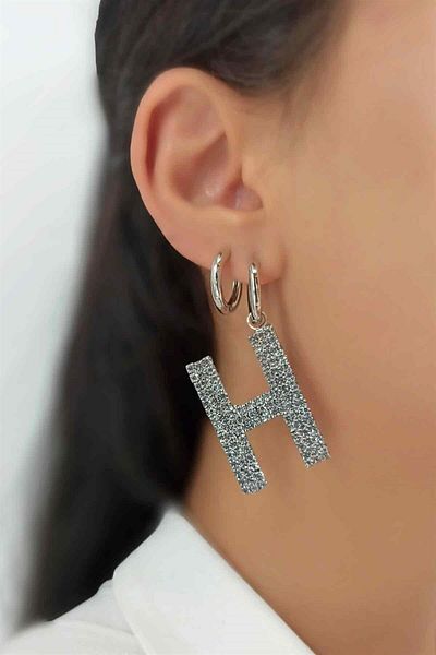 Çlk Accessories Big Stone Silver H Letter Earrings Taşlıküpeh