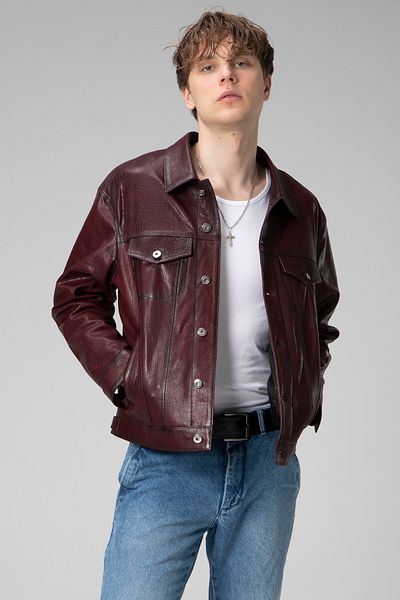 Dericlub Men's Jumbo Sports Jacket - Genuine Leather, Claret Red