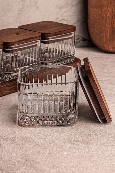 Snippy Bella Square 10 Piece Tray Wooden Vacuumed Glass Breakfast Multi-Purpose Glass Snack Bowl with Lid 230ml