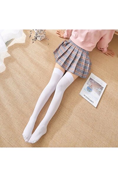 DarkellaStore Gotik Lolita Harajuku Diz Üstü Beyaz Çorap