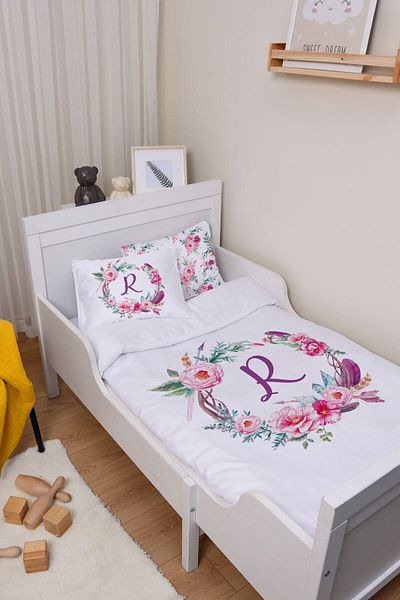 Tuğba Kuğu Park Bed Crib Duvet Cover Set (80x120) - Letter Series - Pink Floral - Letter R