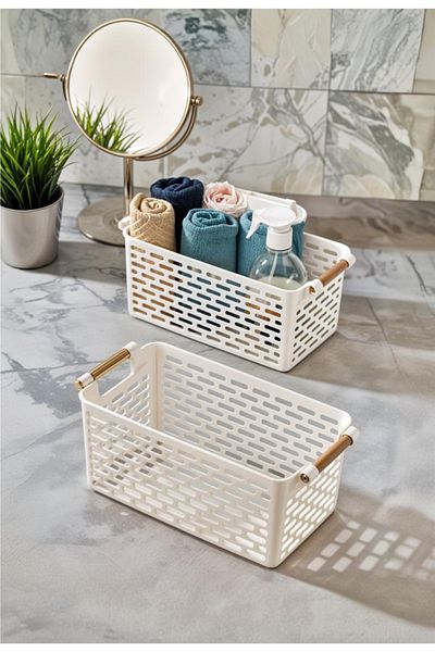 Milenay Set of 2 Stylish Organizer - Plastic Basket, Refrigerator and Bathroom, 27X15X12Cm, White