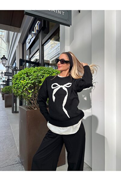 B2K FASHION القوس الأسود مفصلة طاقم الرقبة سترة المرأة