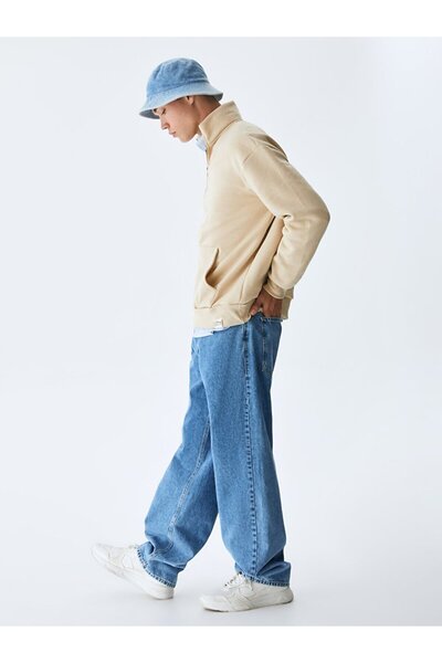 Ltb Düz Dik Yaka Yarım Fermuarlı Regular Fit Krem Sweatshırt