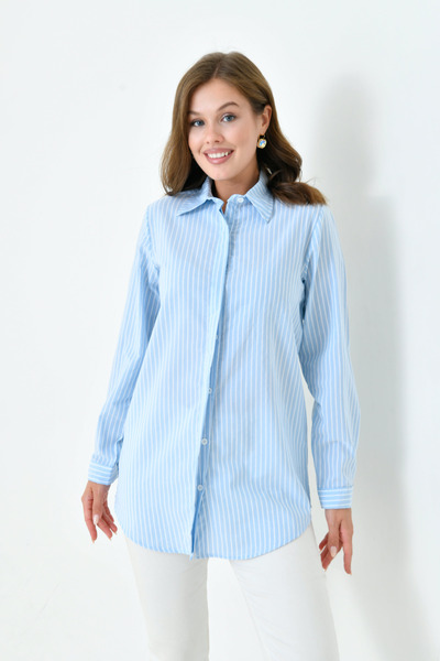 enmodaiçgiyim Light Blue-White Striped Long Basic Women's Shirt