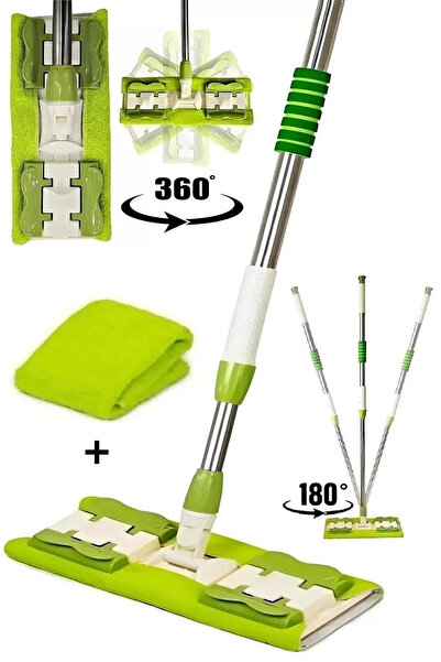 btm home Mikrofiber Mandallı Mop, Teleskopik Saplı Set +1 Yedek Bezli Yeşil Renk