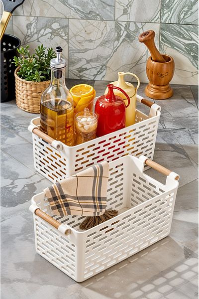 Milenay Set of 2 Stylish Organizer - Plastic Basket, Refrigerator and Bathroom, 27X15X12Cm, White