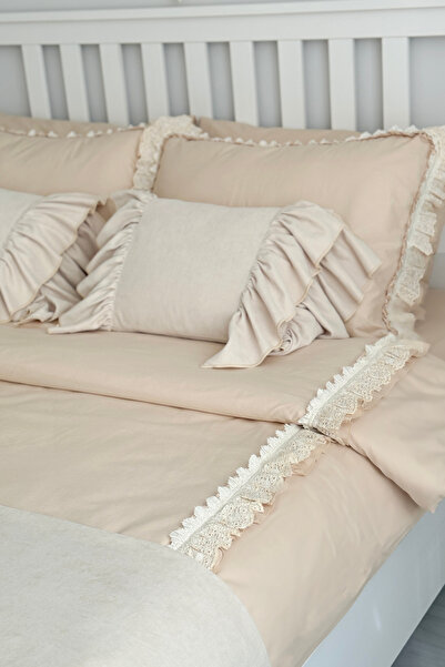 RİTMOHOME King Size Oversize Double Light Beige Frilly Scalloped Cotton Retro Series Duvet Cover Set
