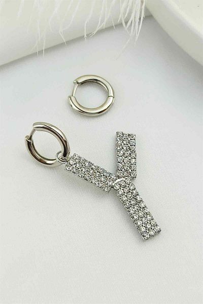 Çlk Accessories Large Stone Silver Y Letter Earrings Taşlıküpey