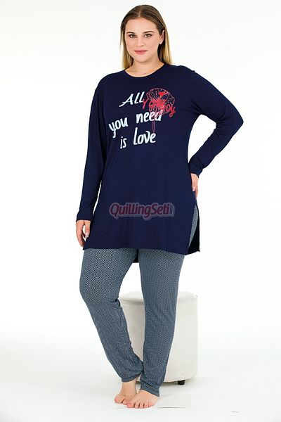 quilling Navy Blue Color Patterned Lady 11401 Women's Long Sleeve Plus Size Combed Cotton Pajama Set