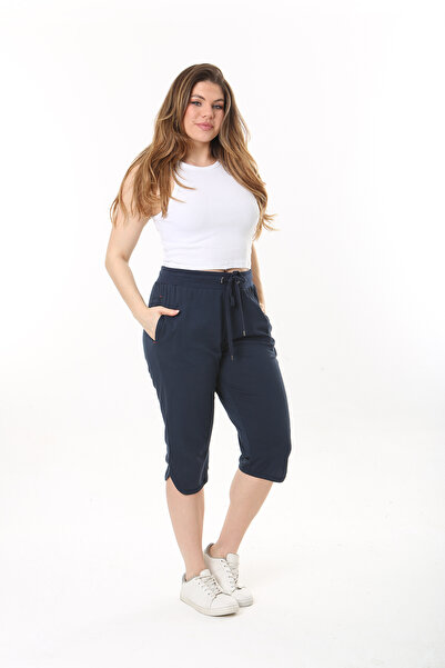 Şans Dámská velká velikost námořnická modrá bavlněná tkanina pasové očko s šněrováním boční kapsa Capri 65N37490