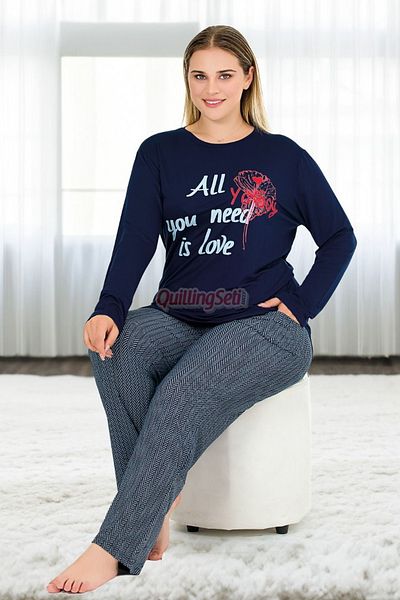 quilling Navy Blue Color Patterned Lady 11396 Women's Long Sleeve Plus Size Combed Cotton Pajama Set