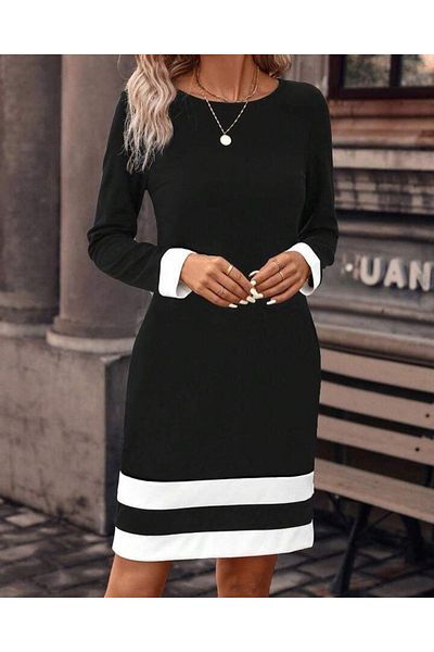 İpeksi Silky Women's Long Sleeve Crew Neck Sleeve and Single End Stripe Imported Crepe Midi Dress