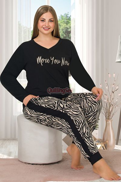quilling Set de pijamale din bumbac pieptănat, cu mânecă lungă, cu model, culoare neagră, 11397