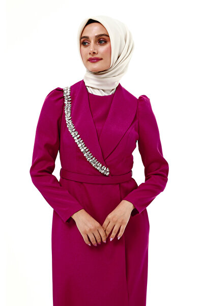 Setrms Fuşya Taşlı Yaka Karpuz Kol Abiye Elbise 2421009