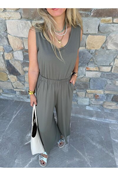 2she Arkası Dekolteli Viskon Tulum-Haki