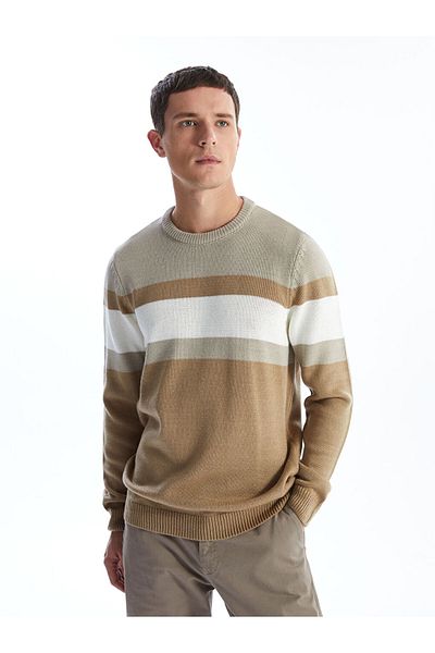 LC Waikiki Lcwaikiki Classic Beige Crew Neck Long Sleeve Color-Blocking Men's Knitwear Sweater