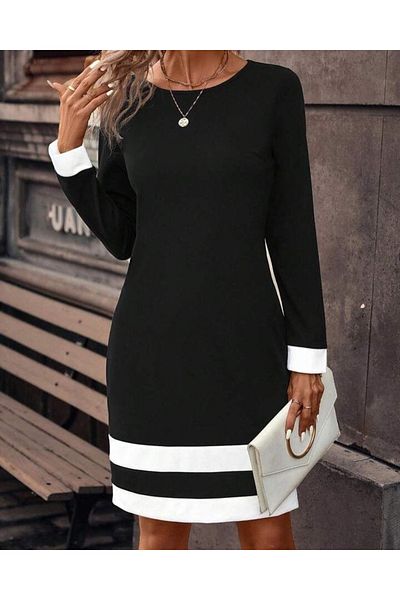 İpeksi Silky Women's Long Sleeve Crew Neck Sleeve and Single End Stripe Imported Crepe Midi Dress