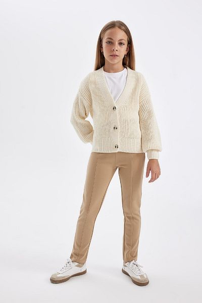 DeFacto Girl's Knitwear Basic Plain Buttoned Ecru V-Neck Cardigan Tyce9C76051C5F 882696 E6B5