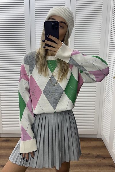 bytugcekaya Pulover gri crem cu model diamantat