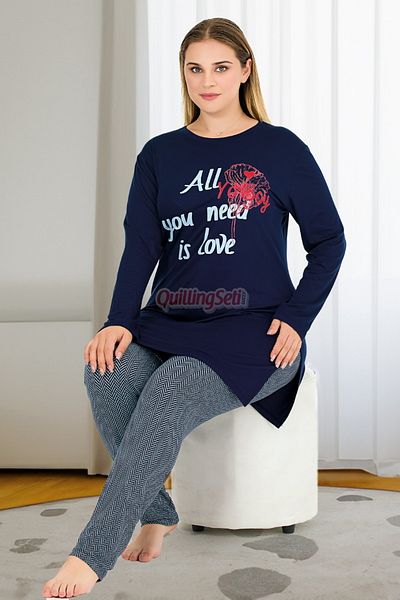 quilling Navy Blue Color Patterned Lady 11401 Women's Long Sleeve Plus Size Combed Cotton Pajama Set