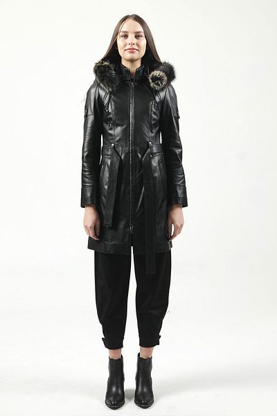 Dericlub Nairobi Women's Black Trench Coat - Fur Hood, Genuine Leather