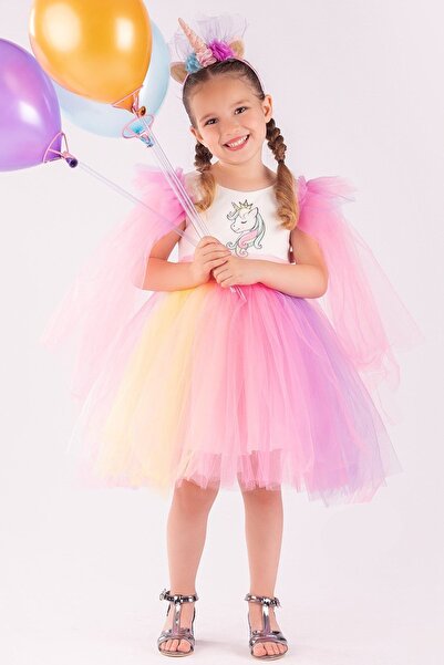 Minik Dolap Unicorn Patterned Crown Birthday and Party Dress