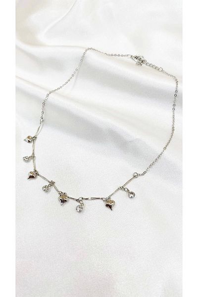 Eylülün Takısı Women's Silver Color Stoned Heart Necklace