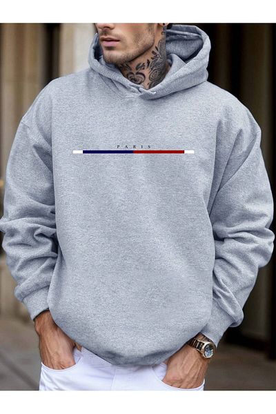 LUNAVISTA Gray Oversize Hooded Paris Printed Sweatshirt Hoodie