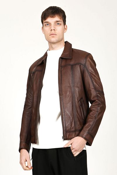Dericlub Robin Men's Shirt Collar Suede Banded Regular Fit Real Leather Coat Camel Antique