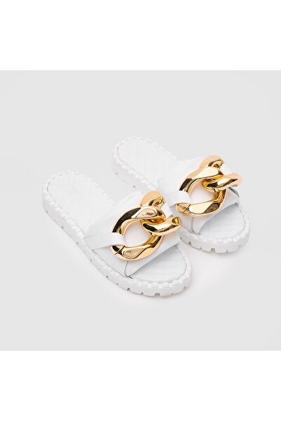 TOGO Beyaz Hakiki Deri Kadın Tokalı Terlik [060222]