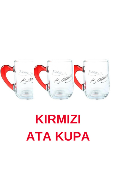 melik's Atatürk İmzalı Kırmızı Kulplu Cam Kupa 3 Adet