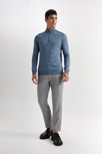 DeFacto Μπλε πλεκτό πουλόβερ - Standard Fit, Half Fisherman Half Zipper D0624ax24au