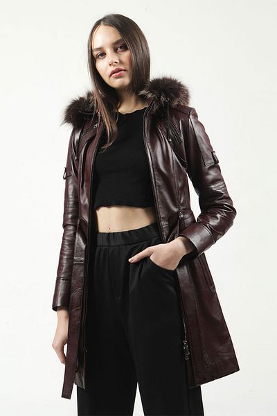 Dericlub nairobi Burgundy Women's Trench Coat - Fur Hood, Genuine Leather