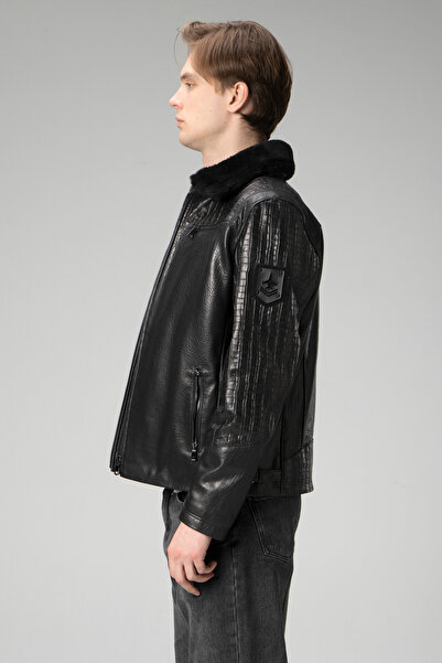 Dericlub Zaragoza Men's - Genuine Leather Black Coat with Jumbo Collar and Fur Detail