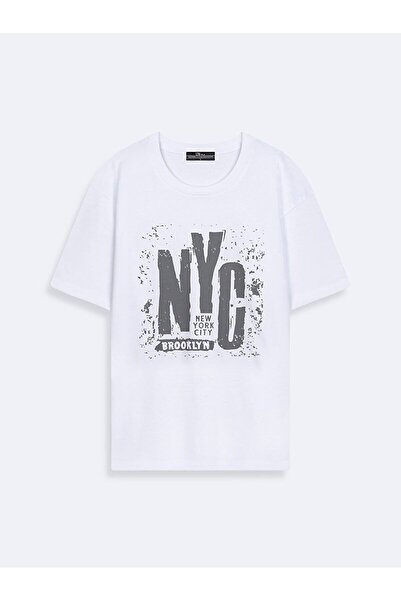 Ltb تي شيرت أبيض فضفاض بأكمام قصيرة ورقبة دائرية