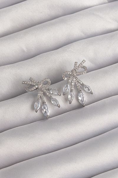 Skygo Brass Silver Color Zircon Cubic Zirconia Bow Earrings - Tj-Bkp9292