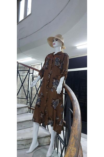 Bohem Stil Ιταλικό πουκάμισο γιακάς με μακρυμάνικο ψηφιακό εμπριμέ λινό φόρεμα