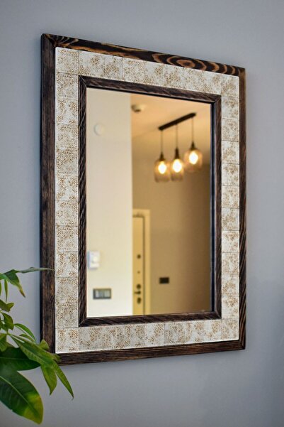 Stone World Vintage Temalı, Masif Ahşap Ve Desenli Mermerden Dekoratif Ayna -...