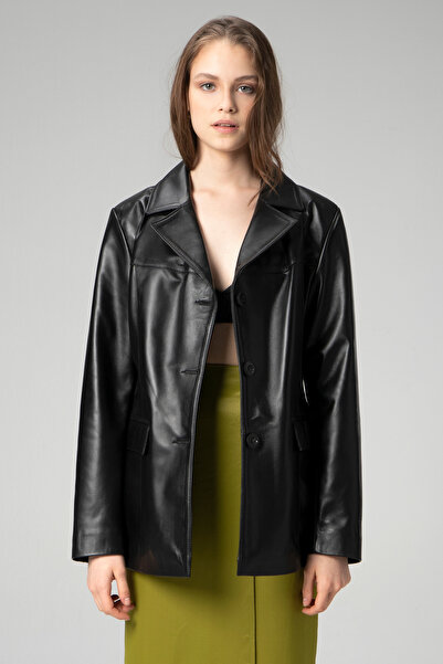 Dericlub Wm035 Gerçek Deri Kadın Blazer Siyah