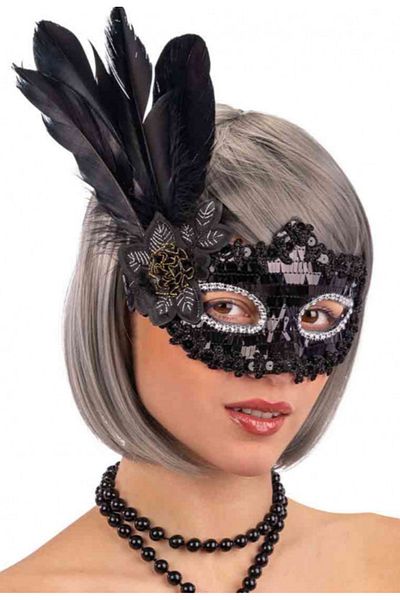 nuit dose Black Sequined Sequin Black Color Side Feather Party Mask 18x22 cm