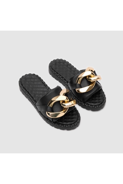 TOGO Siyah Hakiki Deri Kadın Tokalı Terlik [060222]