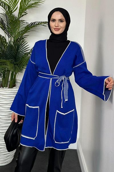 MERVEN AKYÜZ Sax Πολύχρωμη μάλλινη ζακέτα Alda Belted